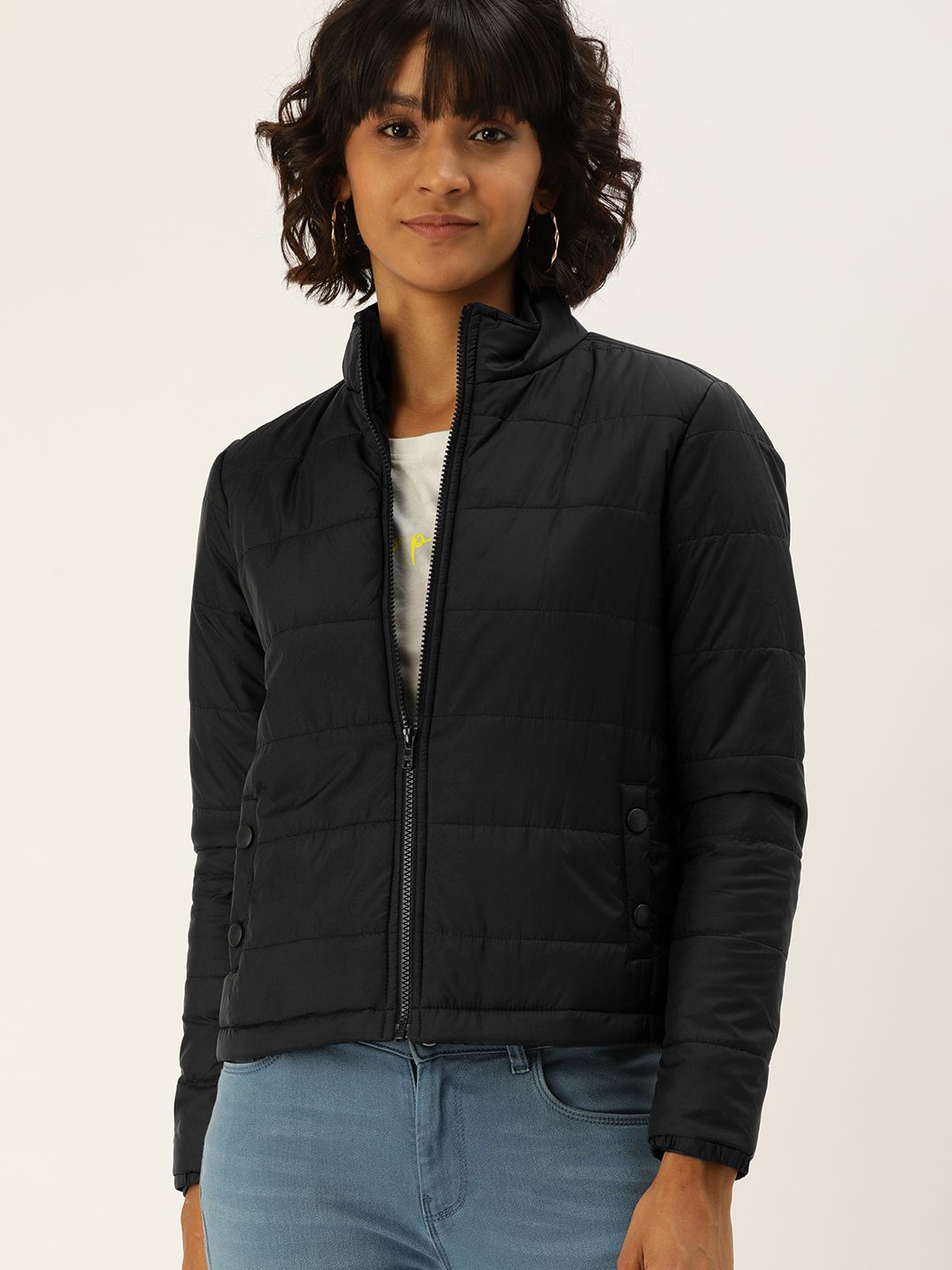 Flying Machine Women Black Solid Lightweight Puffer Jacket Price in India