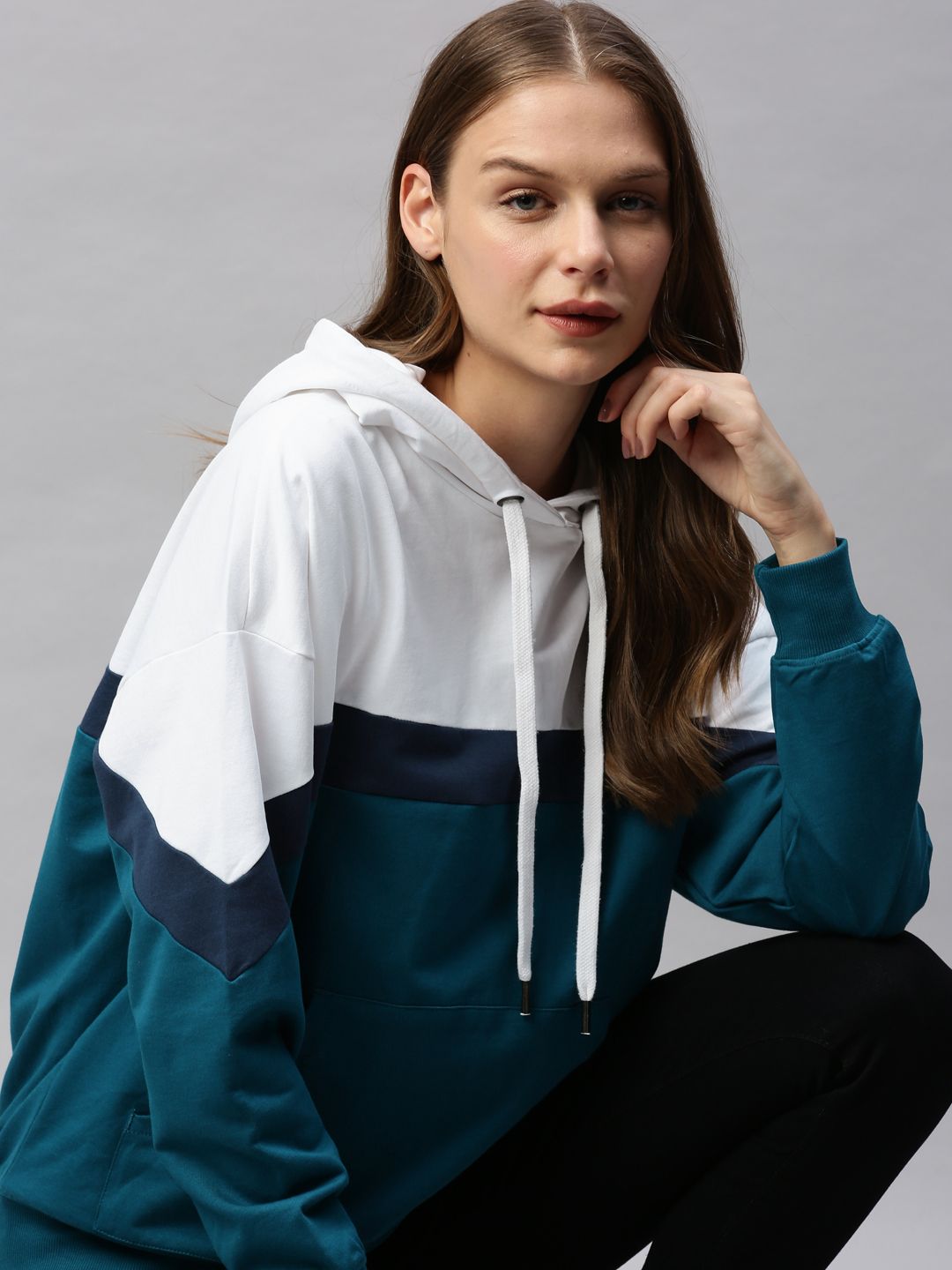 Flying Machine Women White & Teal Blue Colourblocked Hooded Pullover Sweatshirt Price in India