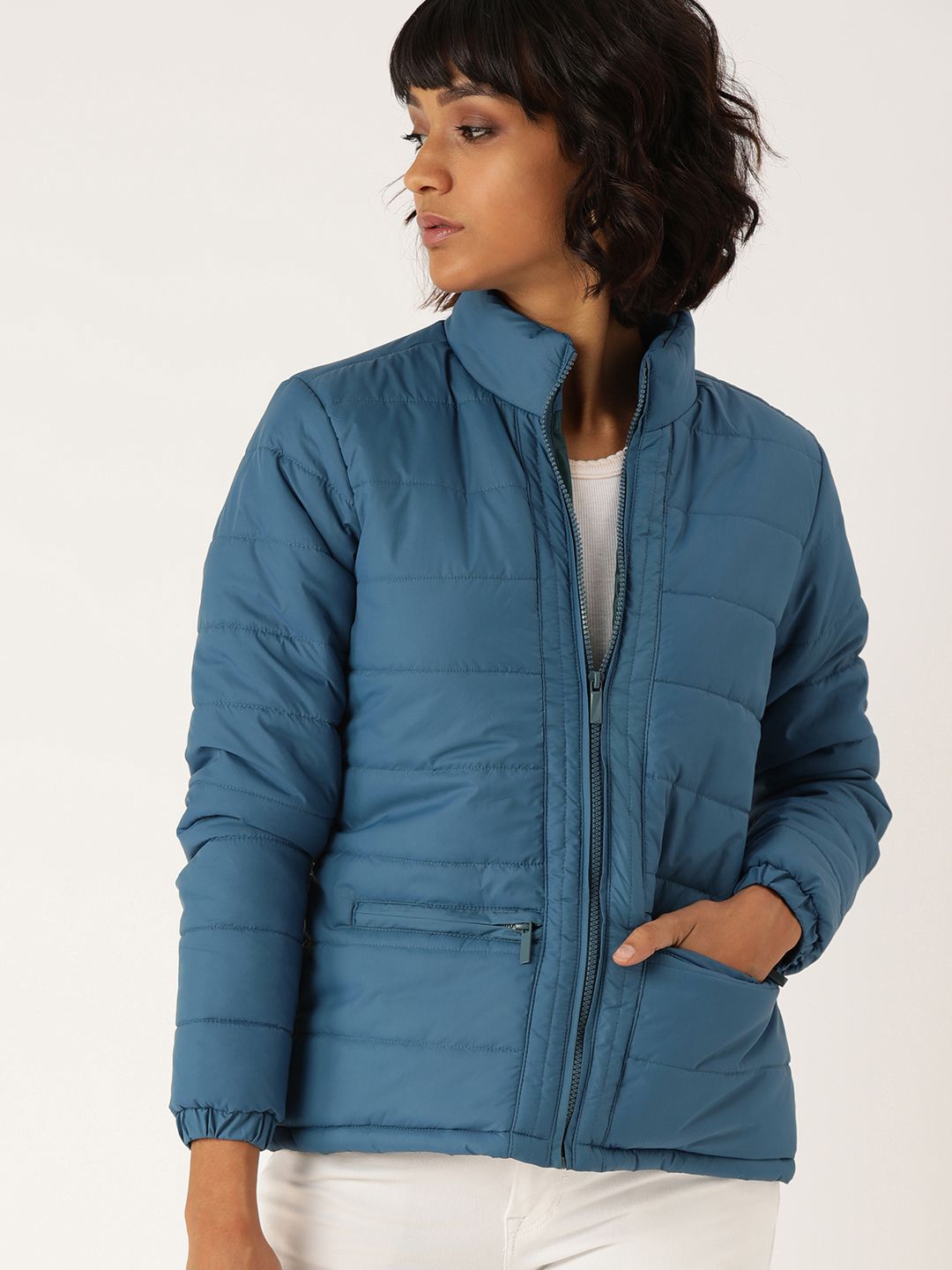 Flying Machine Women Blue Solid Lightweight Padded Jacket Price in India