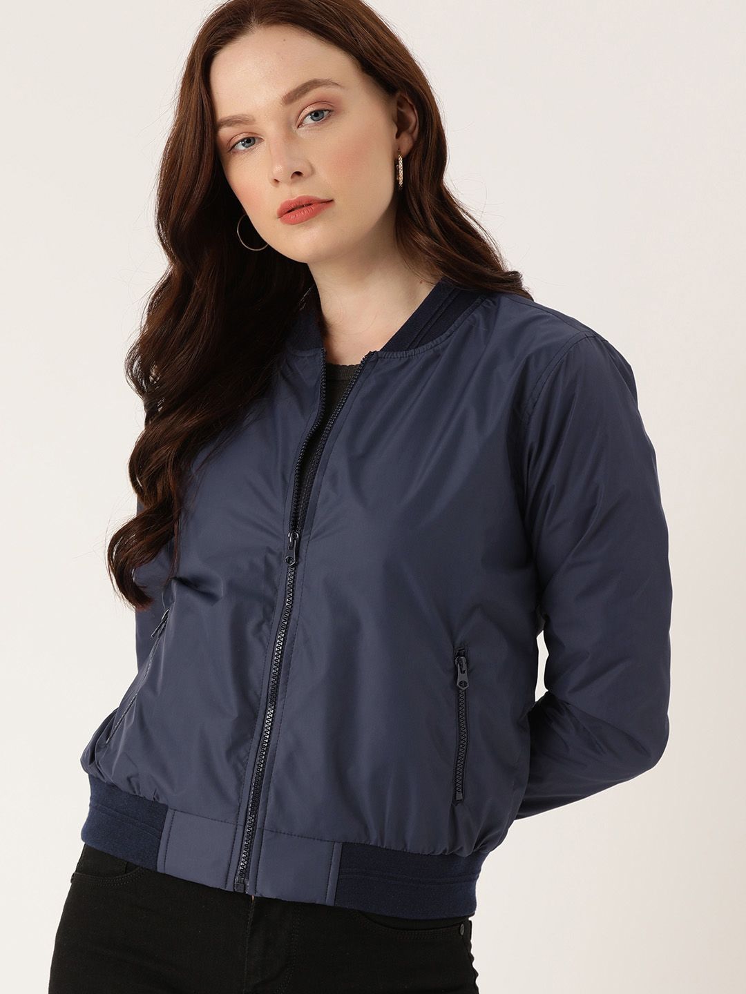 Flying Machine Women Blue Solid Lightweight Bomber Jacket Price in India