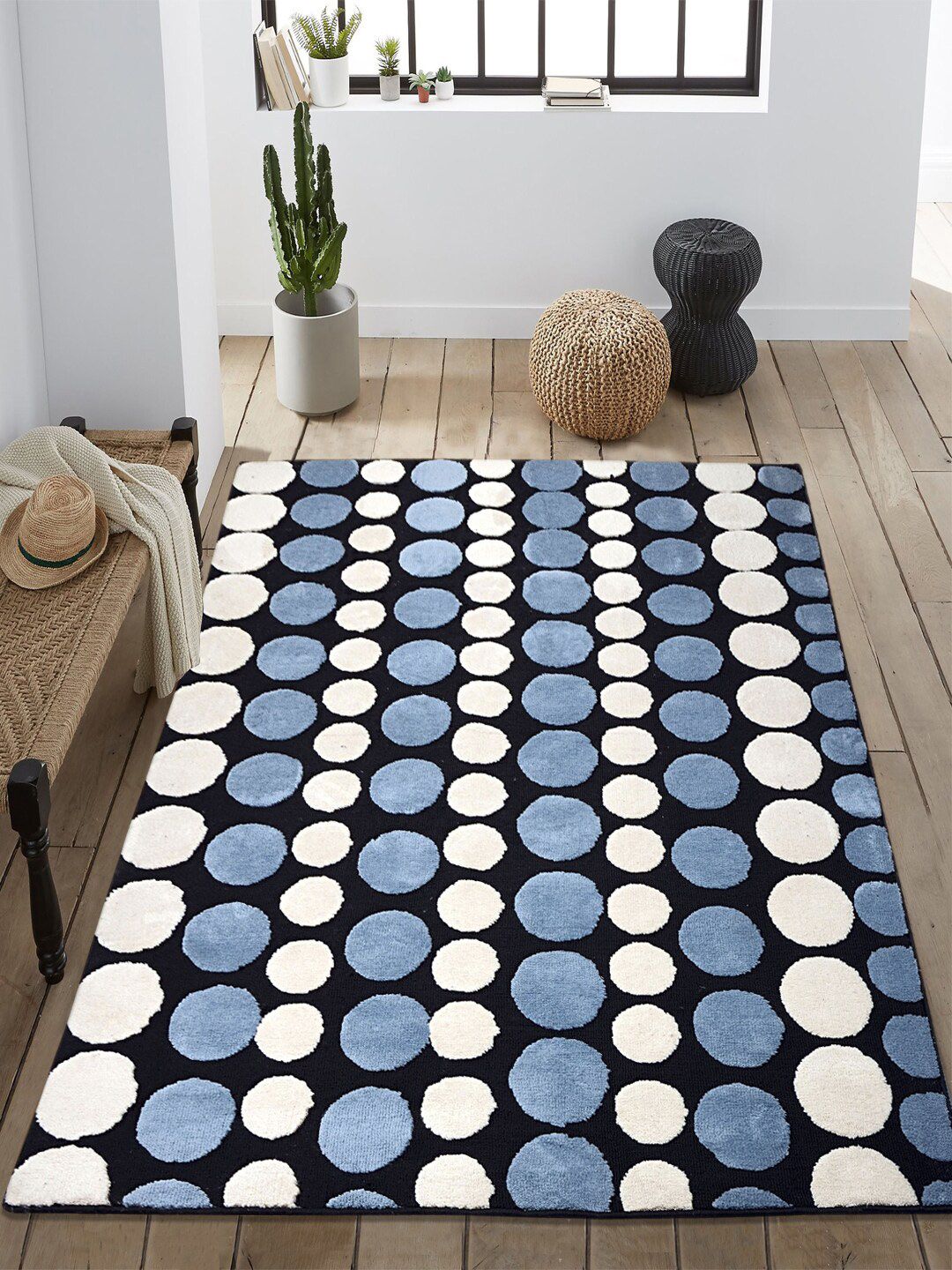 Saral Home Black & Turquoise Blue Geometric Designer Anti-Skid Carpet Price in India