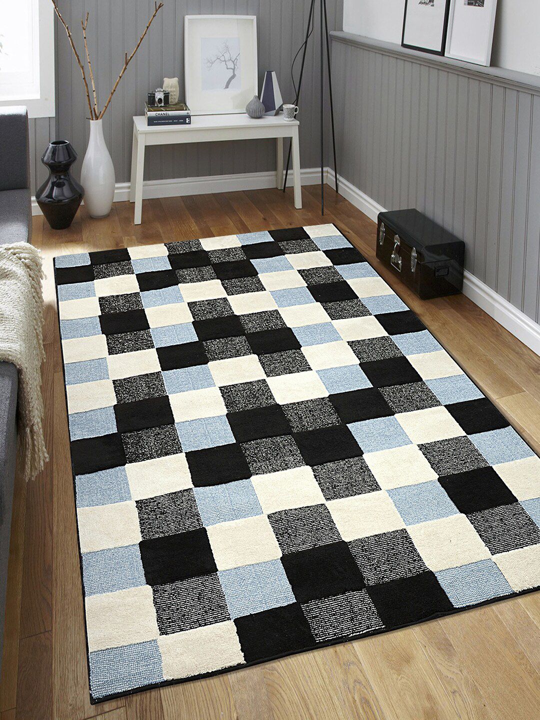 Saral Home Black & Turquoise Blue Checked Microfiber Anti-Skid Carpet Price in India