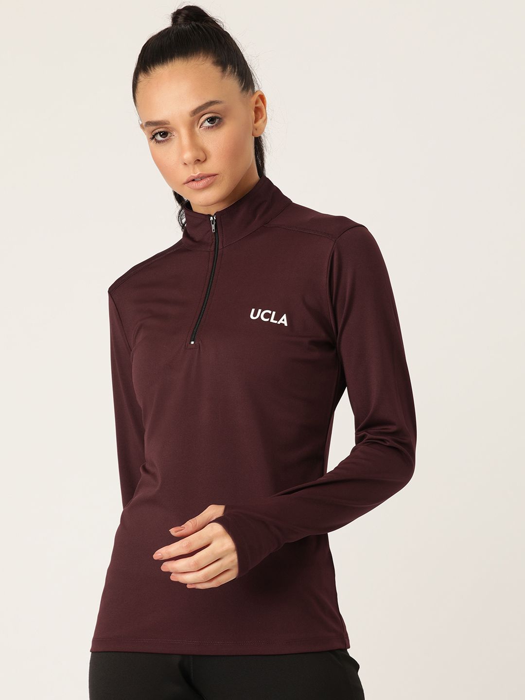 UCLA Women Burgundy Solid High Neck T-shirt Price in India