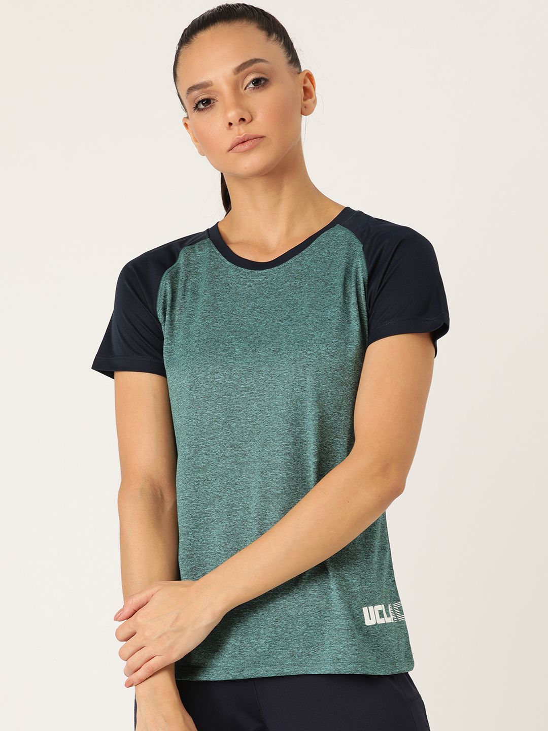 UCLA Women Green & Navy Solid Round Neck T-shirt Price in India