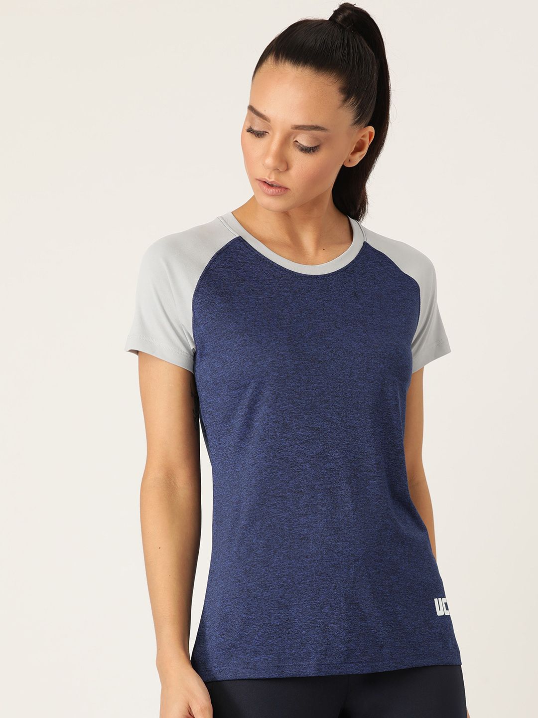 UCLA Women Navy Blue & Grey Solid Round Neck T-shirt Price in India