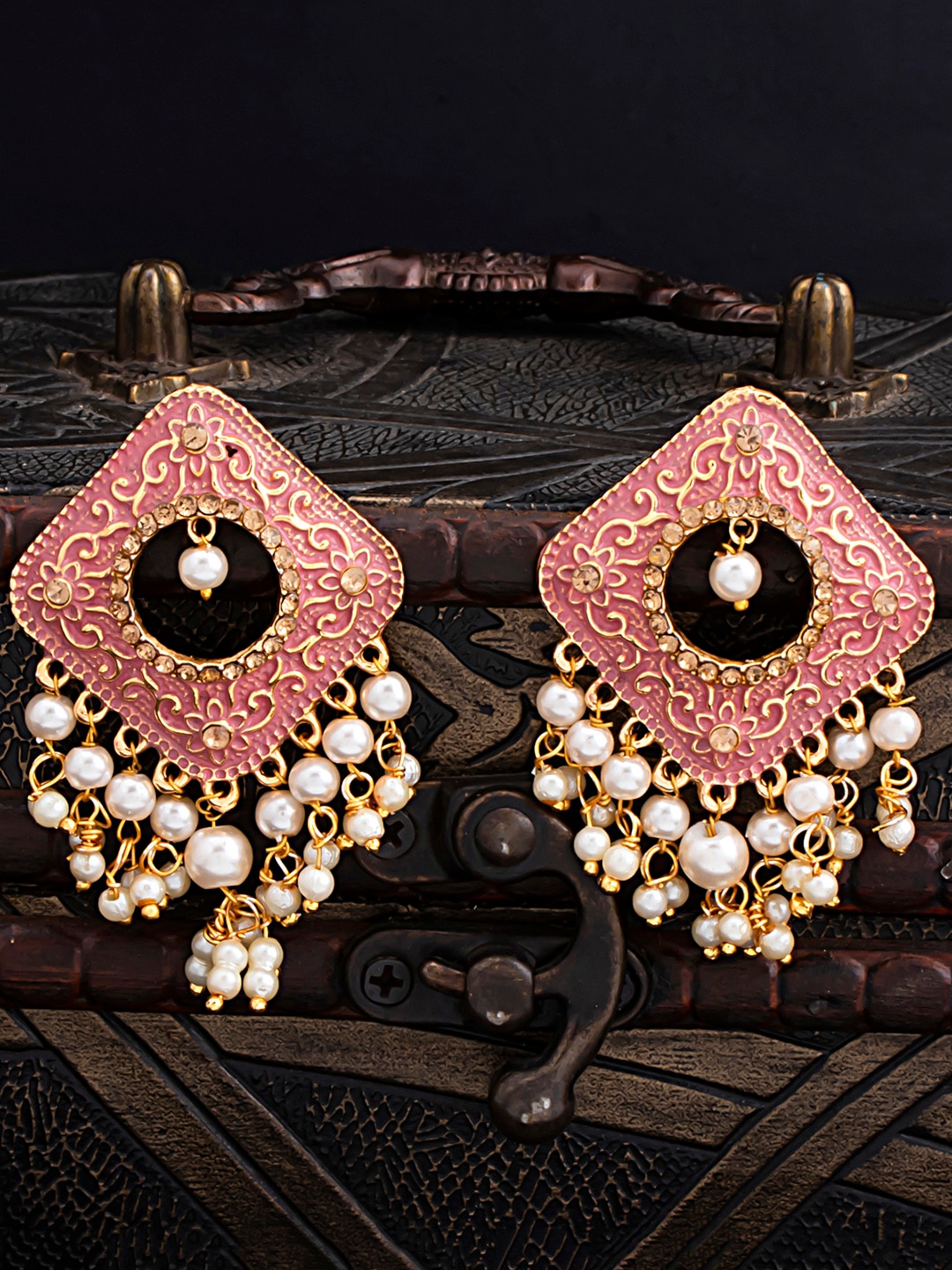 Sukkhi Pink & Gold-Plated Filigree Pearls Geometric Drop Earrings Price in India