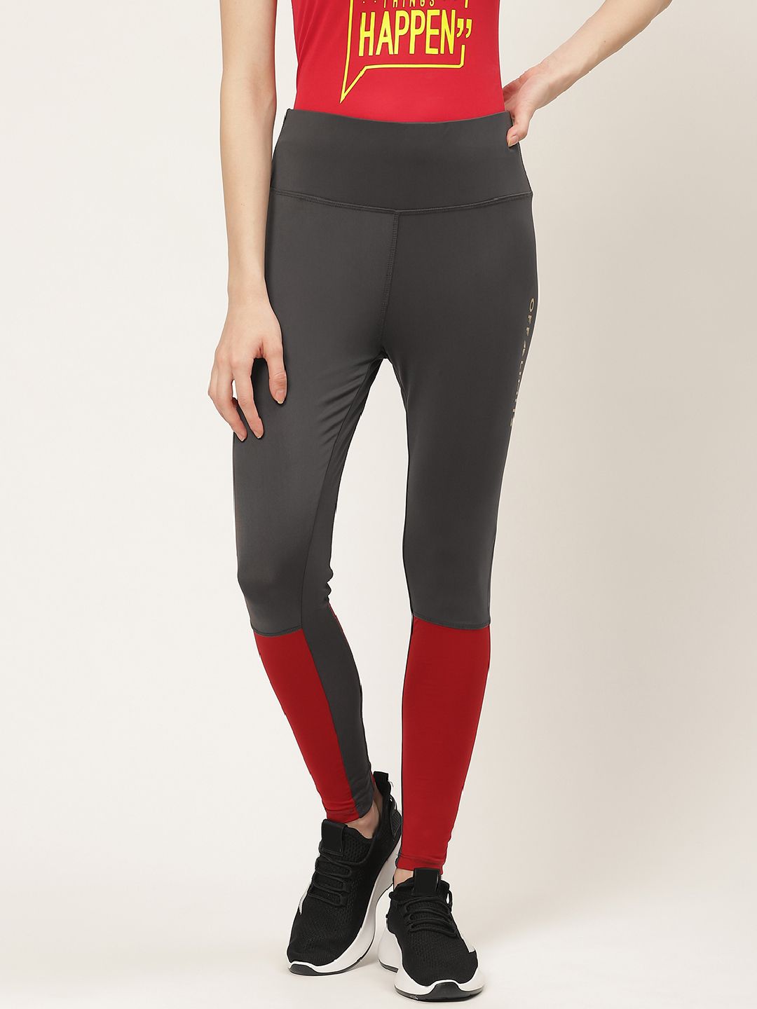 OFF LIMITS Women Charcoal Grey & Red Colourblocked Gym Tights Price in India