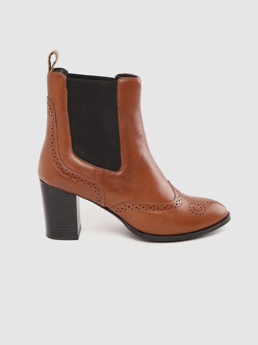 her by invictus Women Tan Brown Solid Perforated Mid-Top Heeled Chelsea Boots Price in India