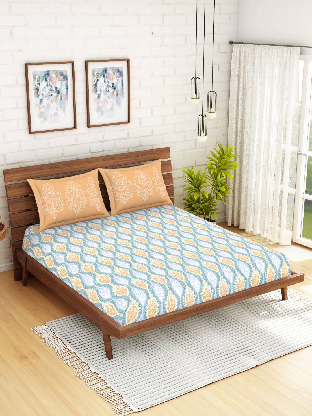 Spaces Atrium Plus Ornate Light Blue 1 Queen Size Fitted Sheets With 2 Pillow Cover Price in India