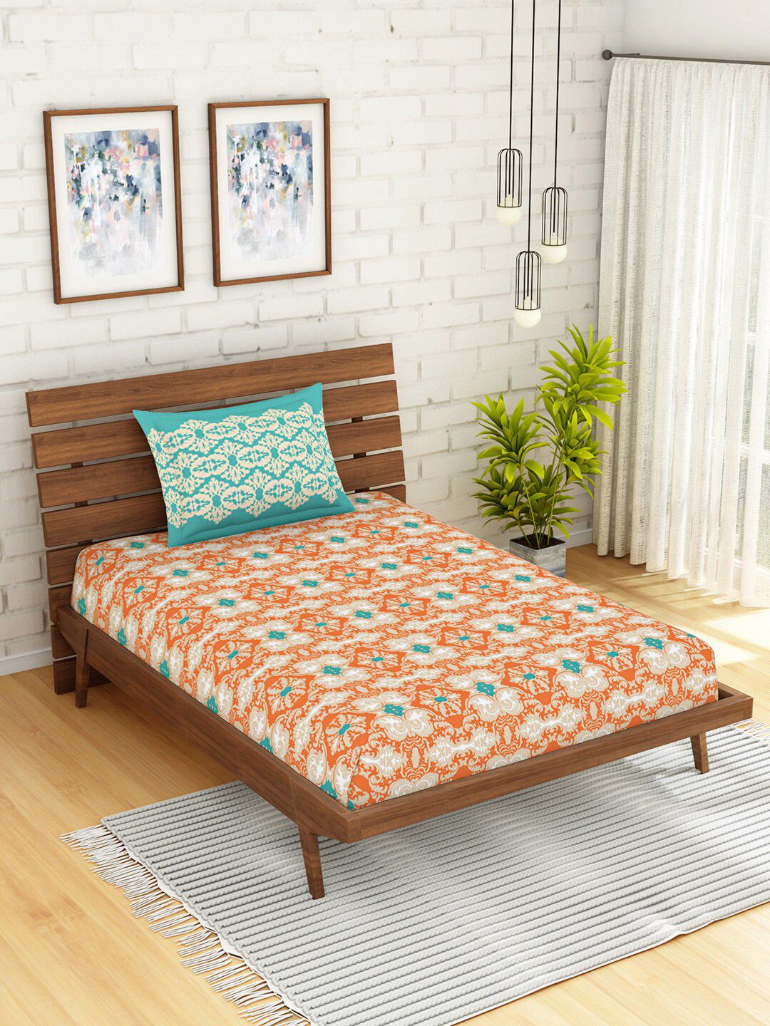 SPACES Peach-Coloured & Green Cotton Ethnic Motifs 210 TC Single Bedsheet & 1 Pillow Cover Price in India