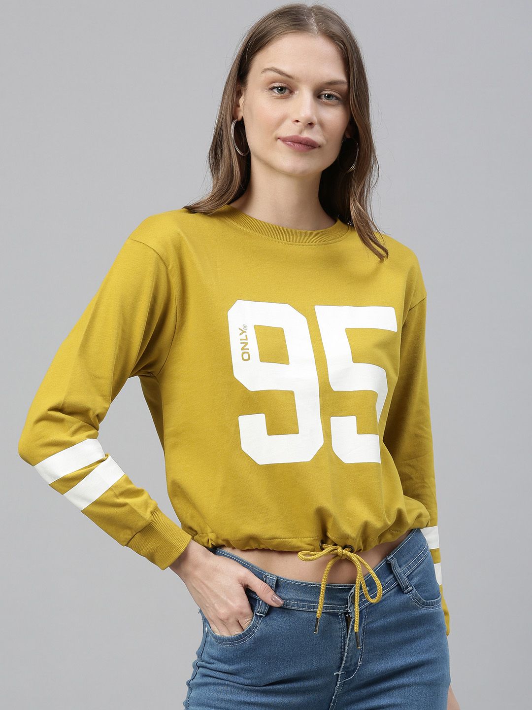 ONLY Women Yellow Printed Cropped Pullover Sweatshirt Price in India