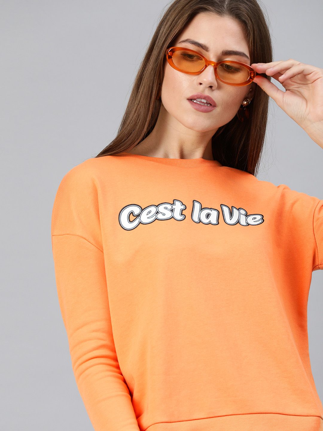 ONLY Women Orange & White Printed Sweatshirt Price in India