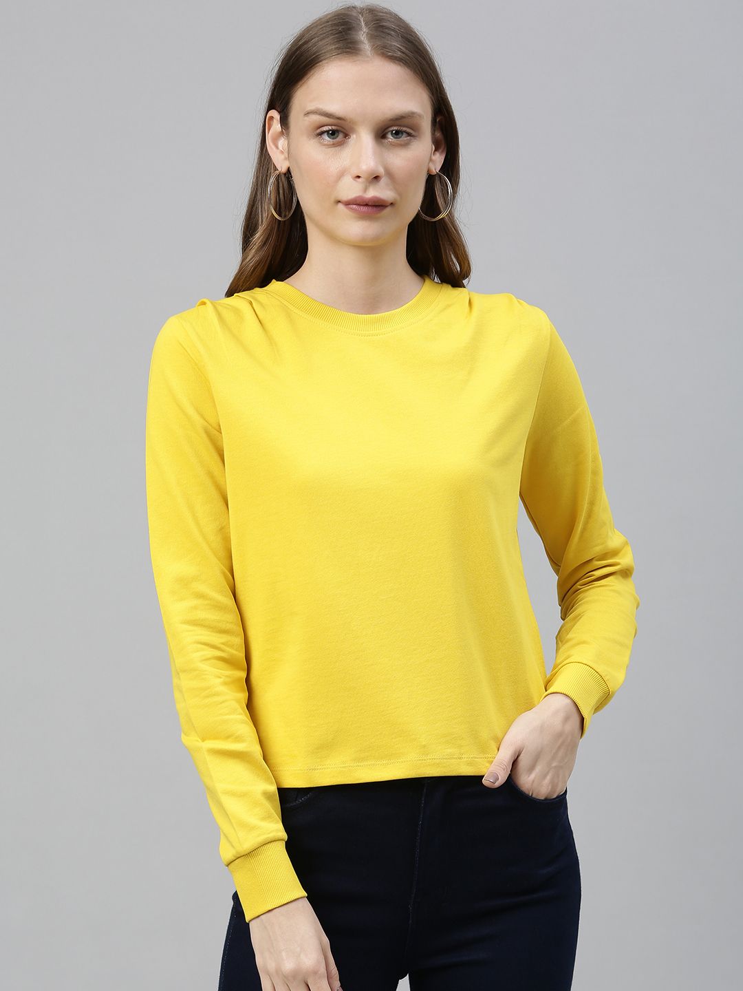 ONLY Women Yellow Solid Pullover Sweatshirt Price in India