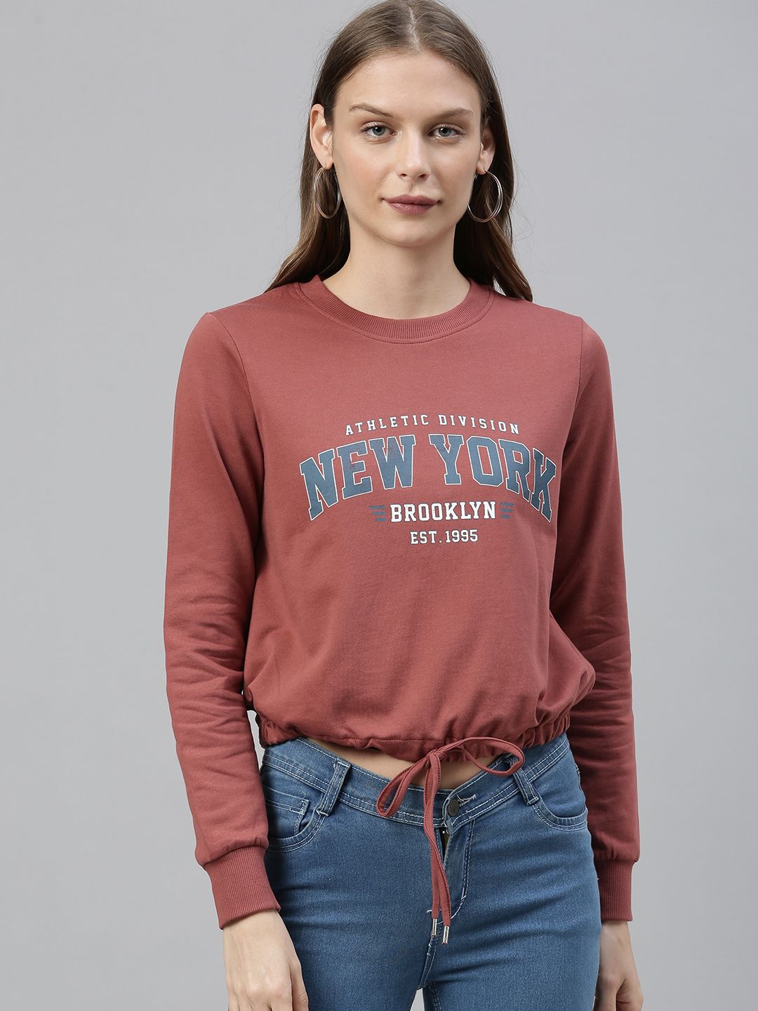 ONLY Women Maroon Printed Cropped Pullover Sweatshirt Price in India