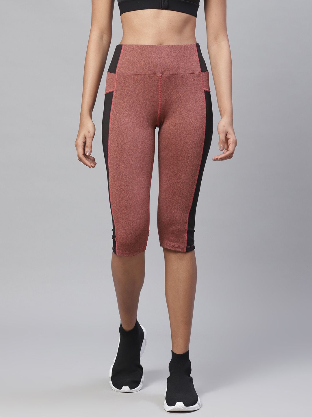 Chkokko Women Rust Red Slim Fit Solid Three-Fourth Yoga Tights Price in India