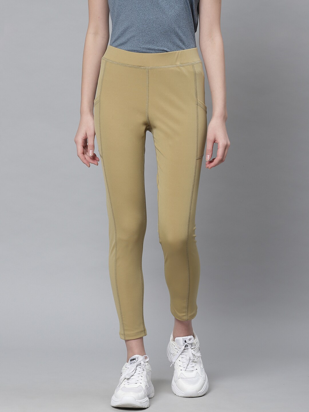 Chkokko Women Beige Solid Cropped Yoga Tights Price in India