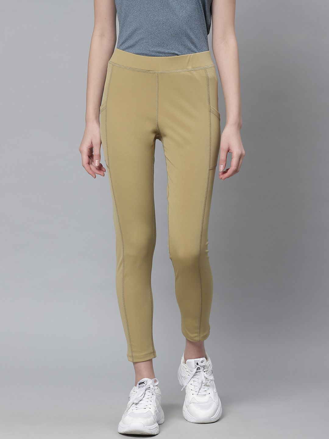 Chkokko Women Beige Solid Cropped Yoga Tights Price in India