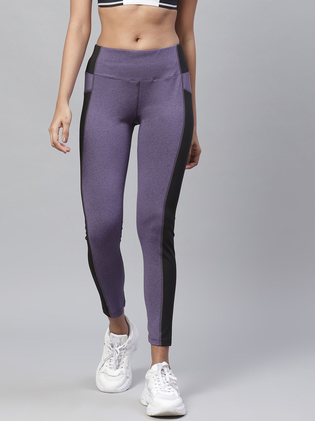 Chkokko Women Purple  Black Colourblocked Stretchable Yoga Tights Price in India