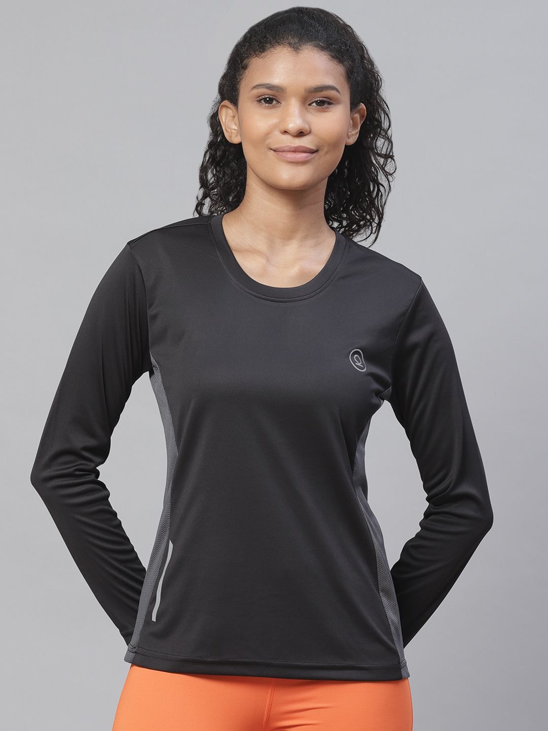 Chkokko Women Black & Grey Colourblocked Round Neck Yoga T-shirt Price in India