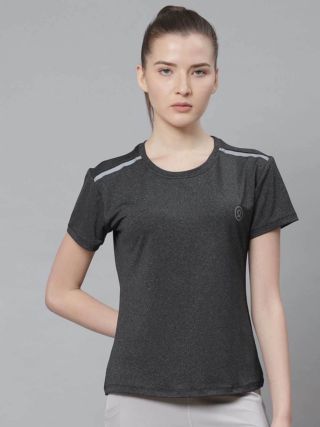 Chkokko Women Charcoal Grey Solid Round Neck Yoga T-shirt Price in India
