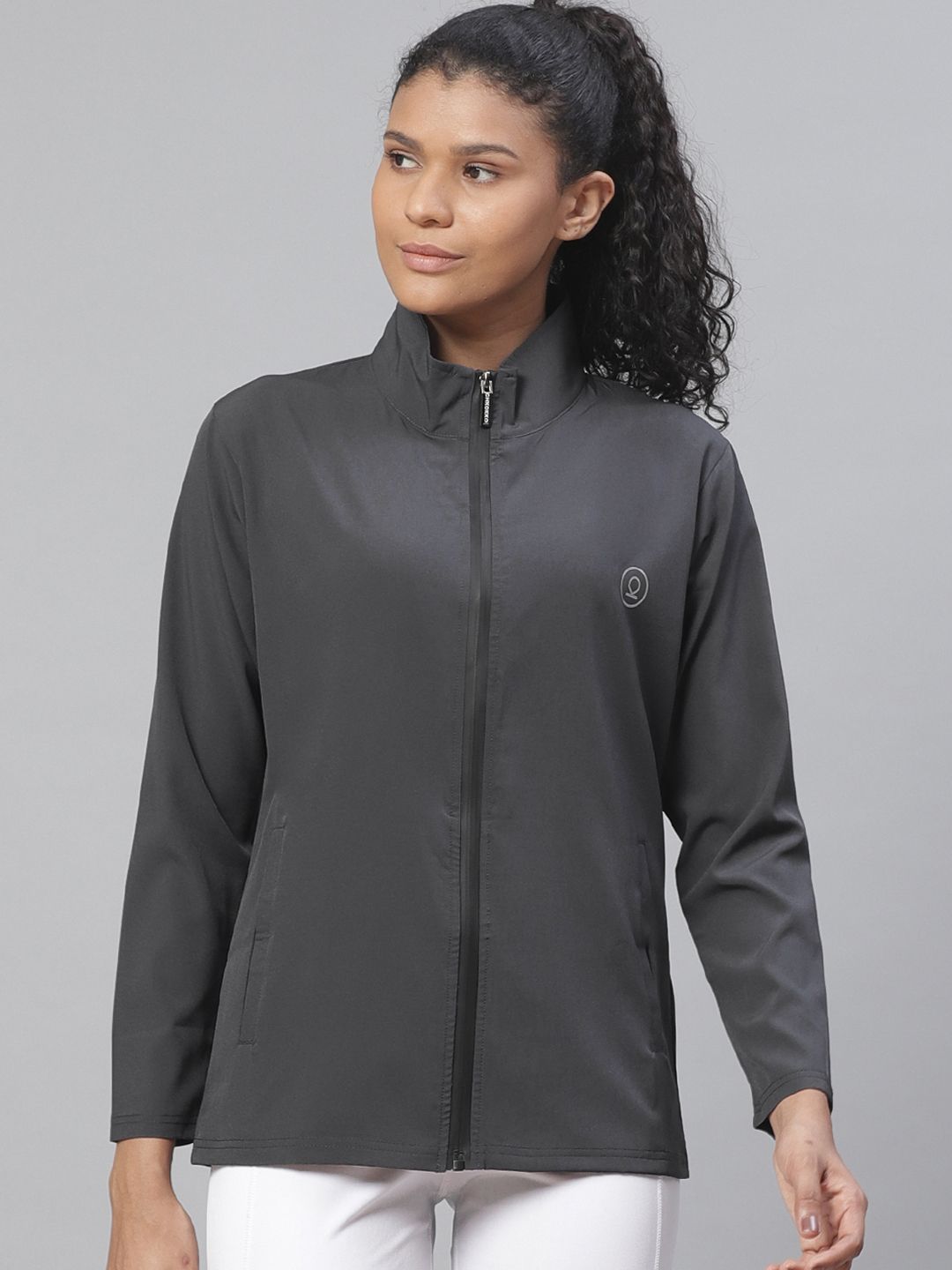 Chkokko Women Charcoal Grey Solid Running Jacket Price in India