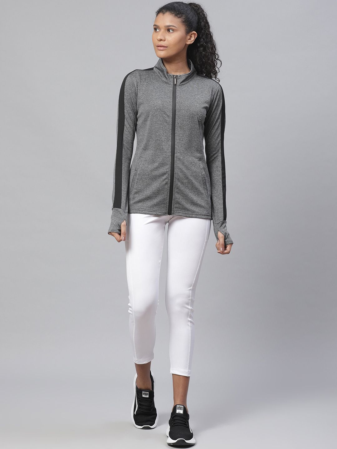 Chkokko Women Grey Melange Solid Sporty Jacket Price in India