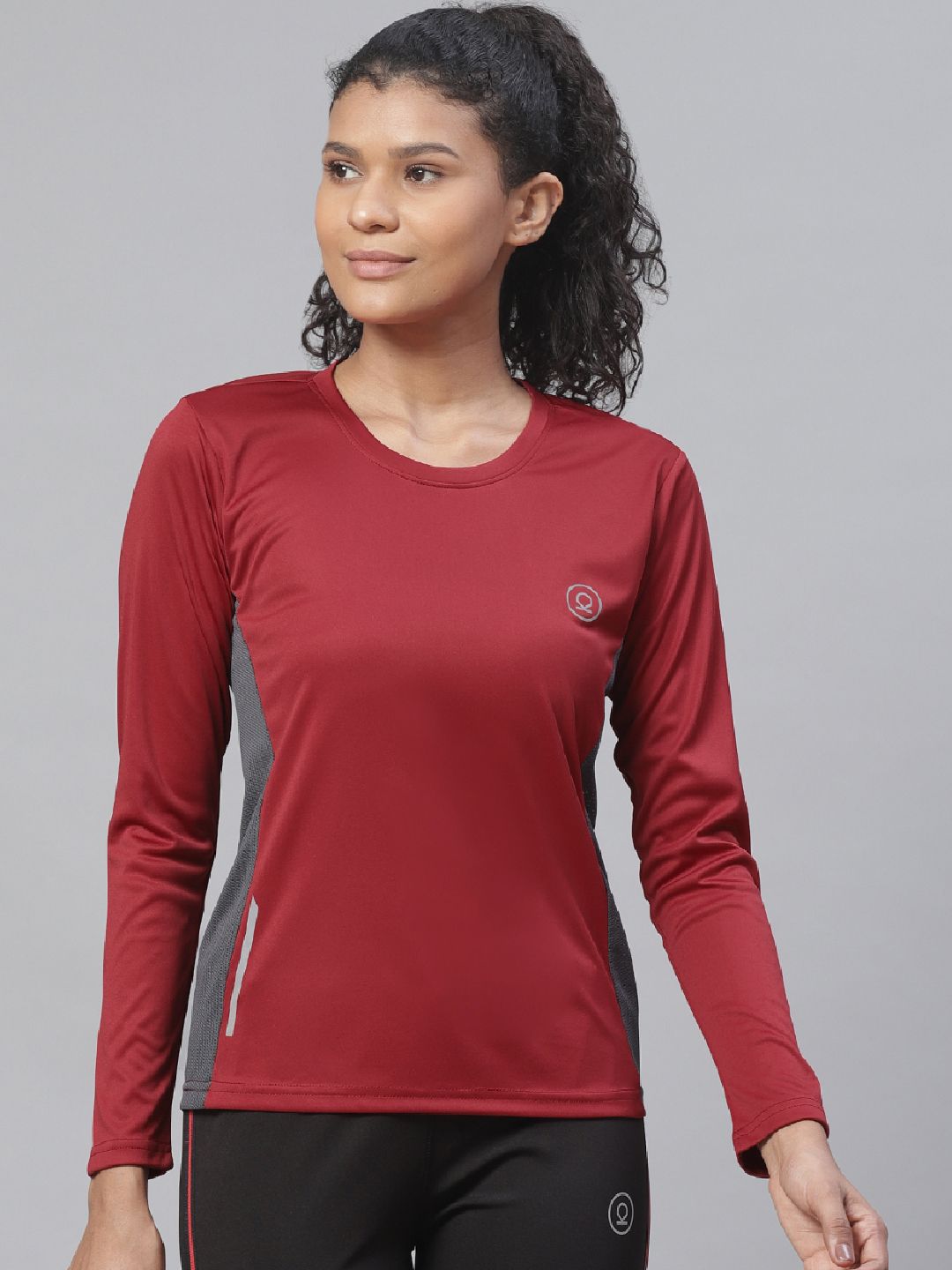 Chkokko Women Red & Grey Colourblocked Round Neck Yoga T-shirt Price in India