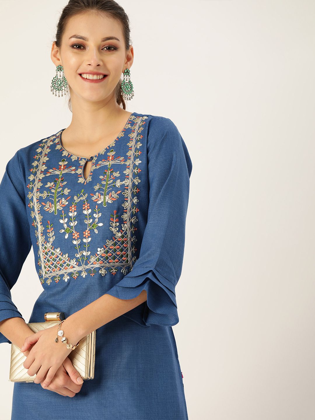 Varanga Women Blue & Beige Embroidered Straight Kurta Price in India