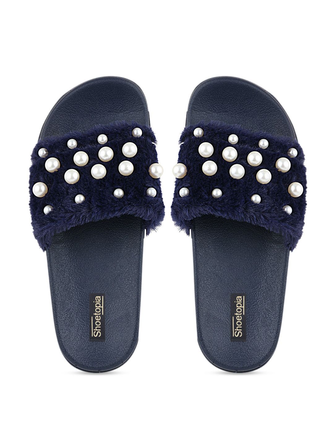 Shoetopia Women Navy Blue Embellished Sliders Price in India