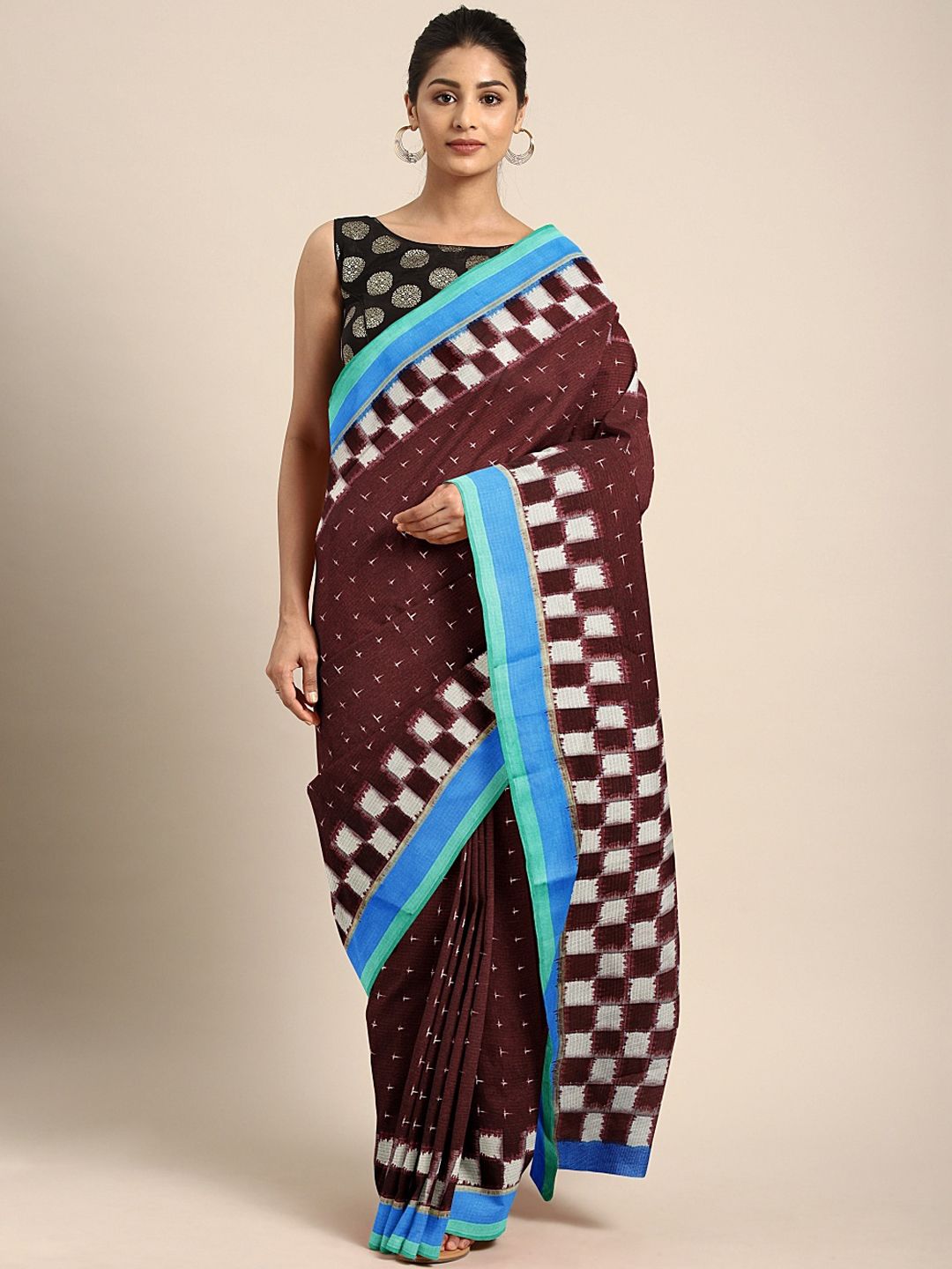 KALINI Brown Printed Polycotton Saree