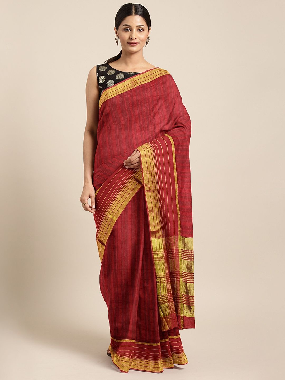 KALINI Red Striped Jute Cotton Saree