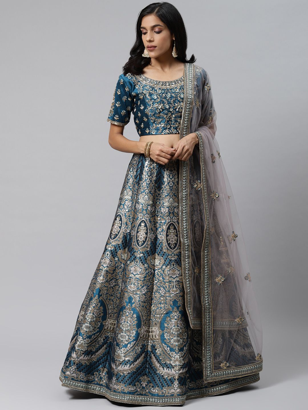 Readiprint Fashions Teal & Gold-Toned Embroidered Semi-Stitched Lehenga & Unstitched Blouse with Dupatta