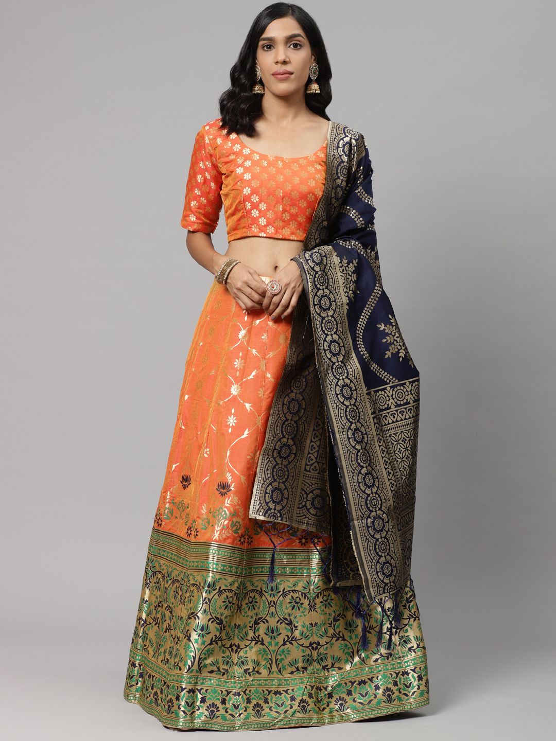 Readiprint Fashions Orange & Navy Blue Woven Design Semi-Stitched Lehenga & Unstitched Blouse with Dupatta