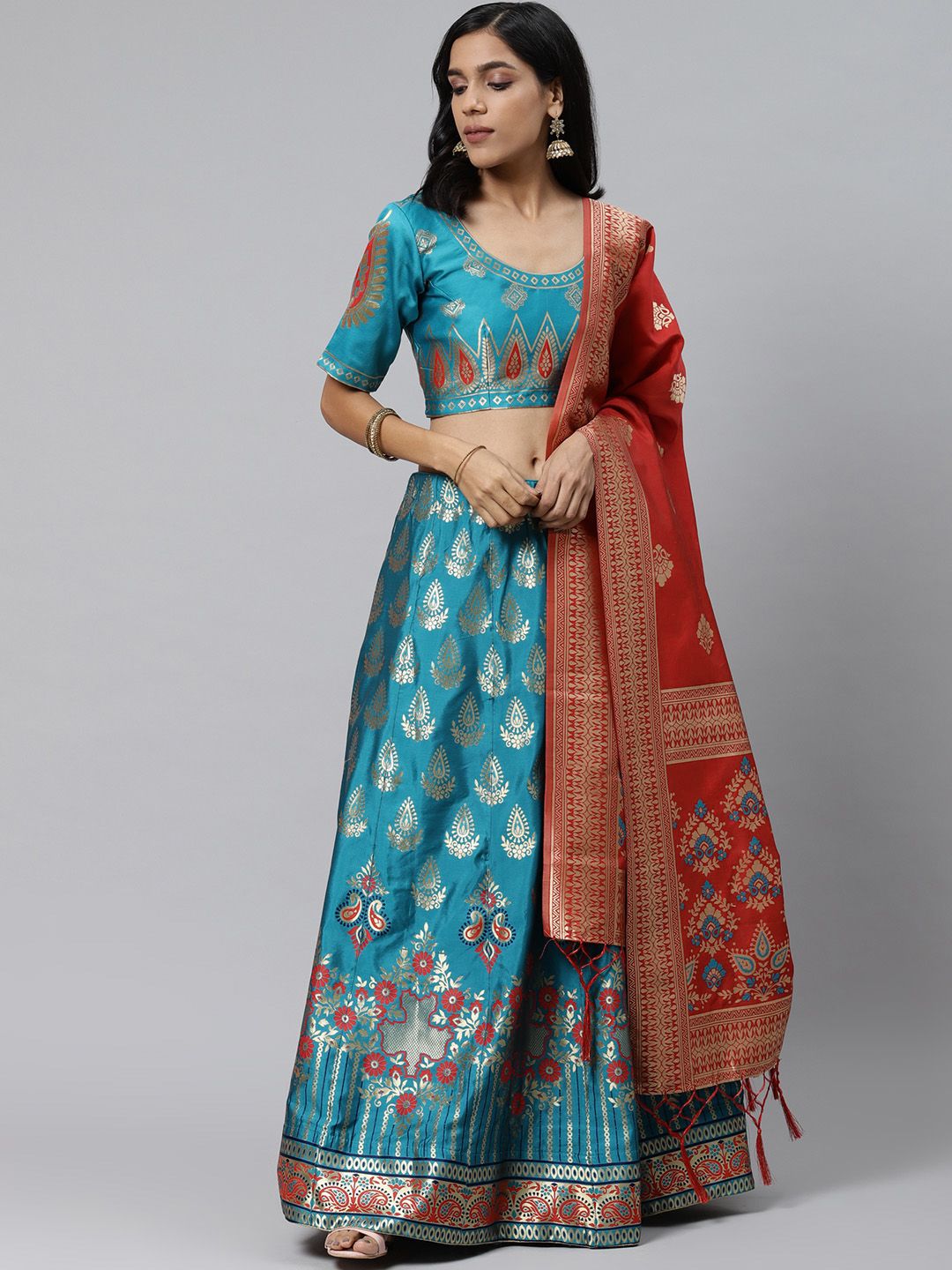 Readiprint Fashions Teal Blue Semi-Stitched Lehenga & Unstitched Blouse with Dupatta