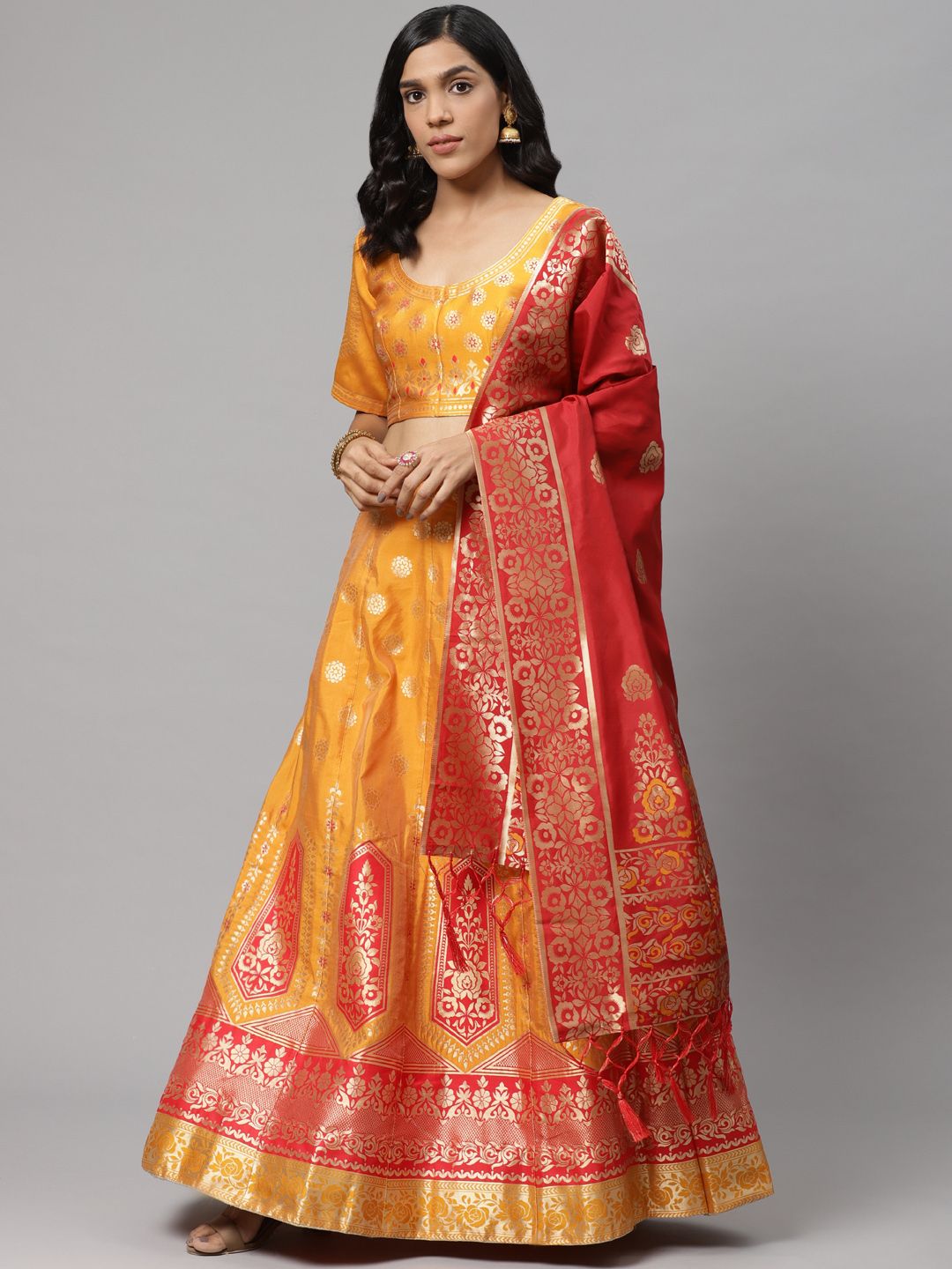 Readiprint Fashions Orange & Red Woven Design Semi-Stitched Lehenga & Unstitched Blouse with Dupatta