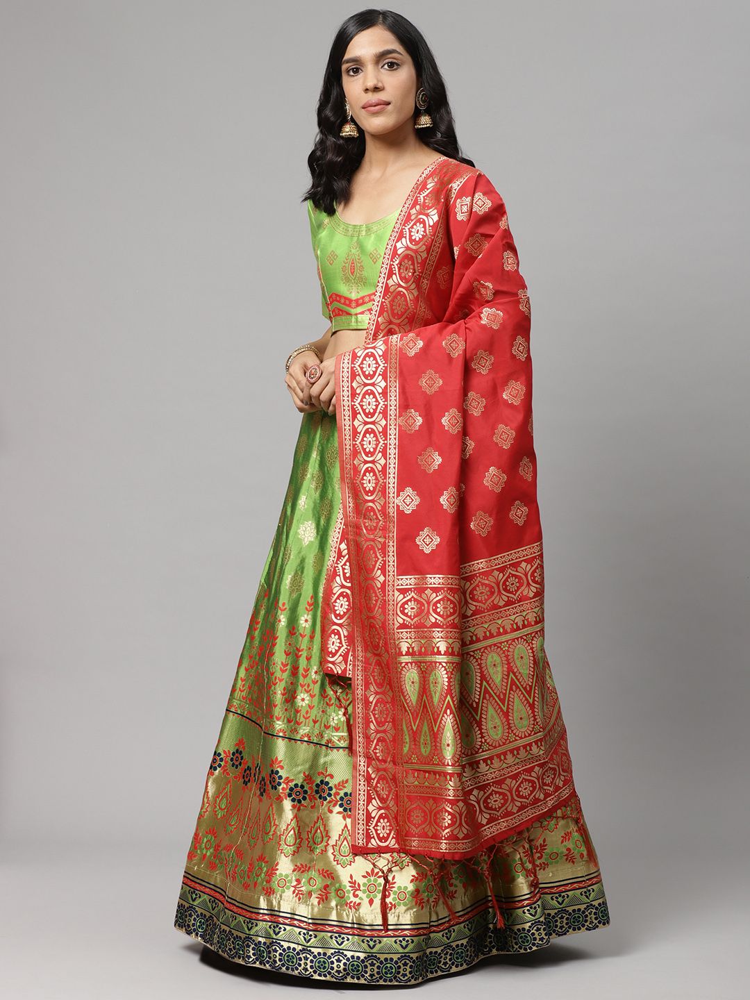 Readiprint Fashions Green & Red Woven Design Semi-Stitched Lehenga & Unstitched Blouse with Dupatta