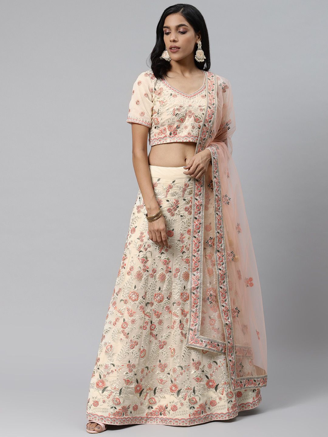 Readiprint Fashions Off-White & Pink Embroidered Semi-Stitched Lehenga & Unstitched Blouse with Dupatta