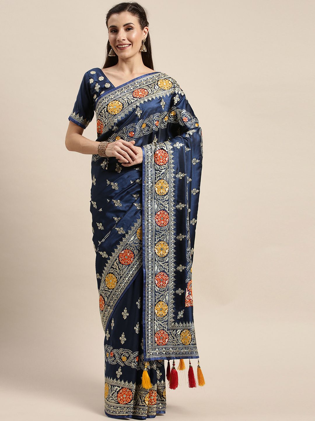 Amrutam Fab Navy Blue & Off-White Pure Silk Embroidered Saree