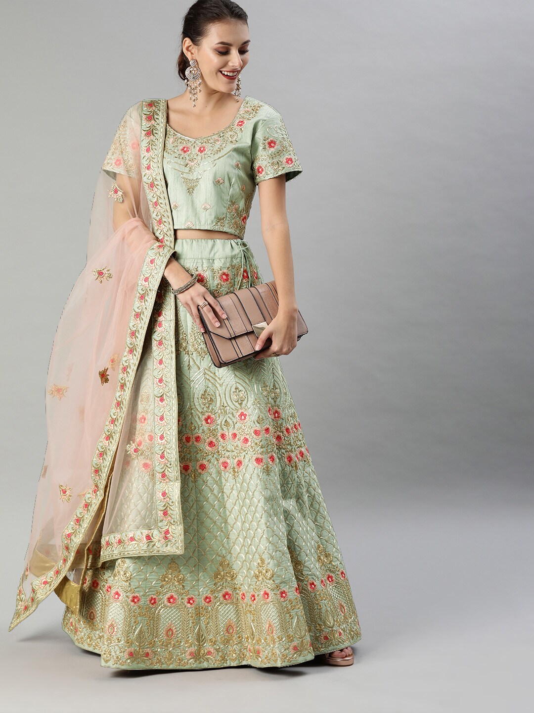 Inddus Sea Green & Beige Embroidered Unstitched Lehenga & Blouse with Dupatta Price in India