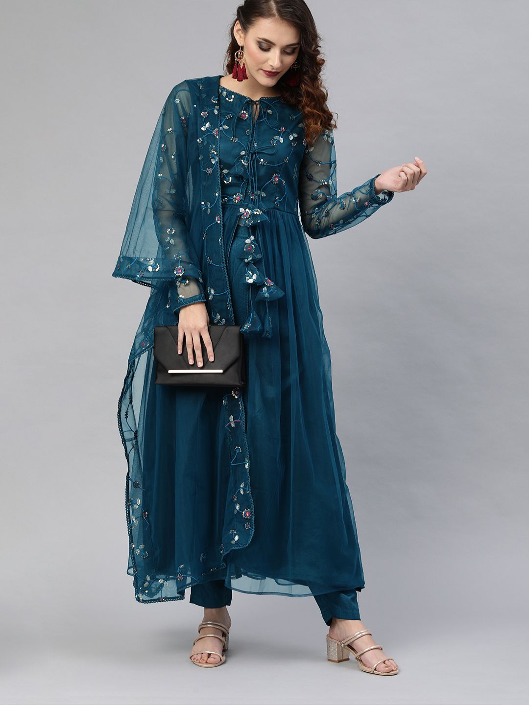 Women Teal Blue High Slit Sequinned Kurta with Trousers & Dupatta Price in India