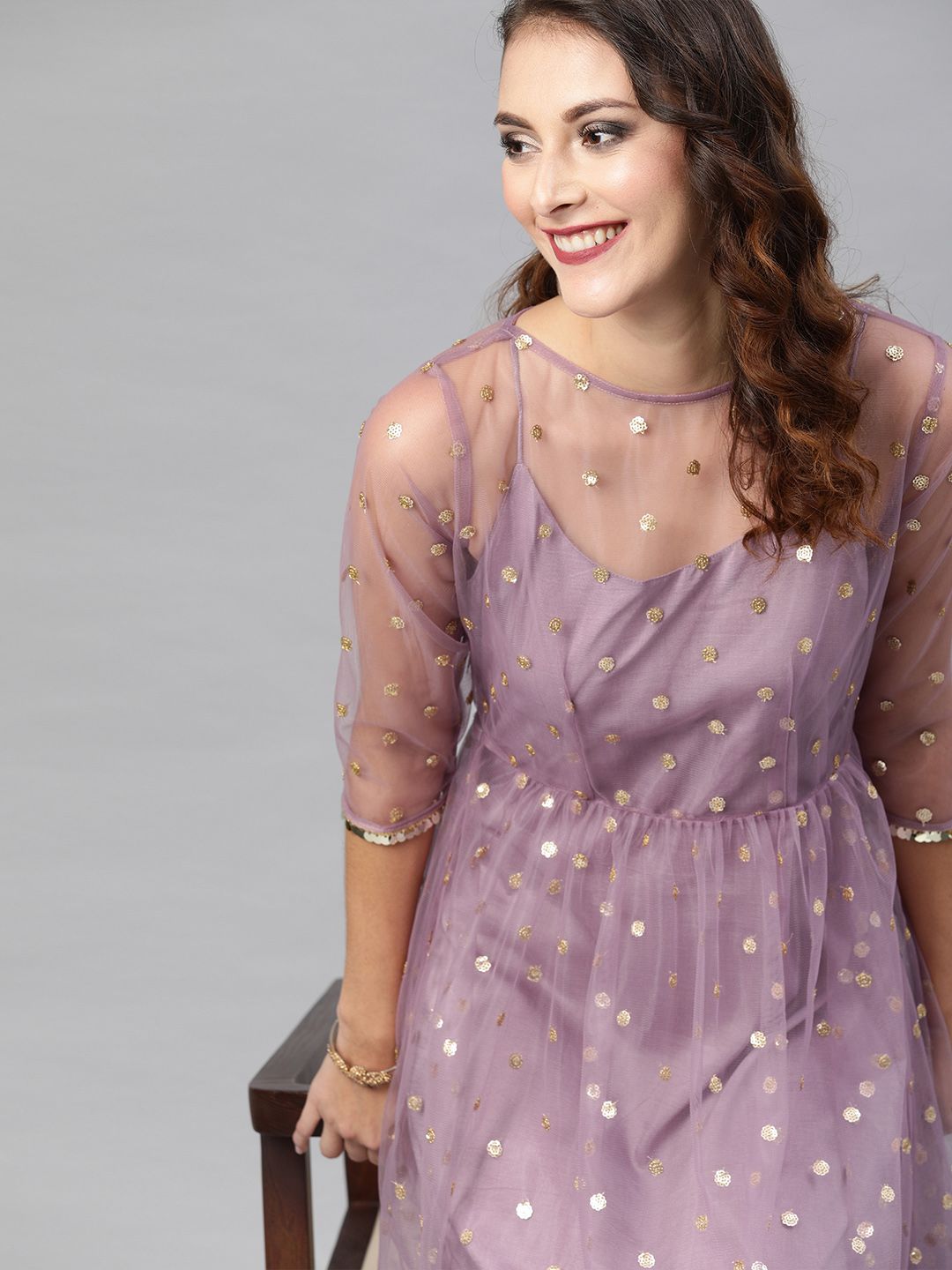 Inddus Lavender Sequined Embellished Net Semi-Sheer Fit and Flare Dress Price in India