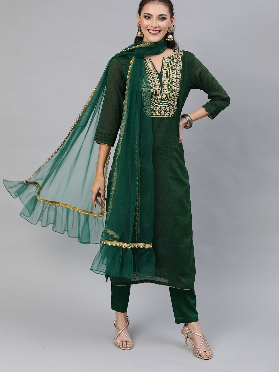 Inddus Women Green Embroidered Kurta with Trousers & Dupatta Price in India