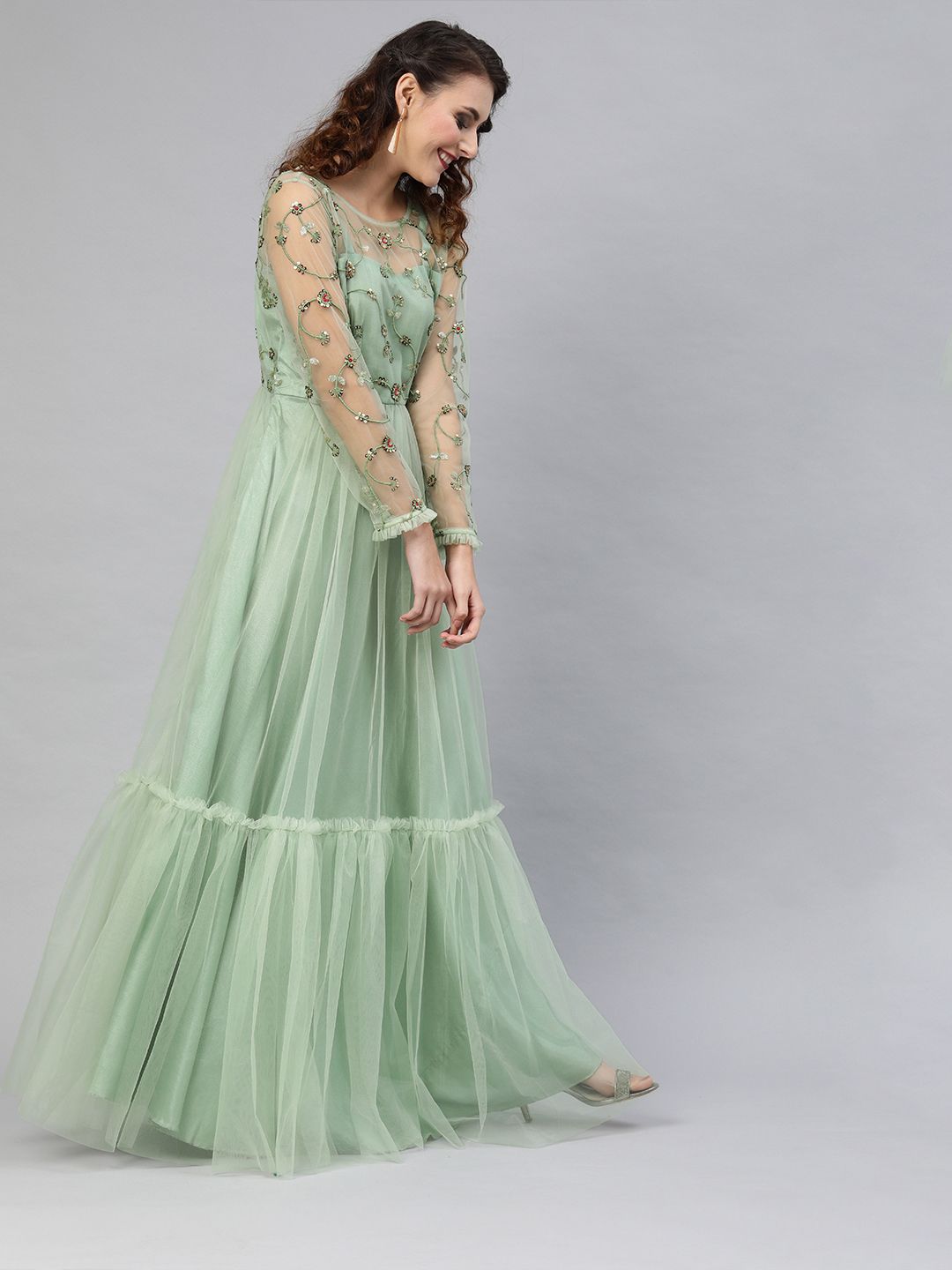 Inddus Women Mint Green Embellished Net Semi-Sheer Maxi Dress Price in India