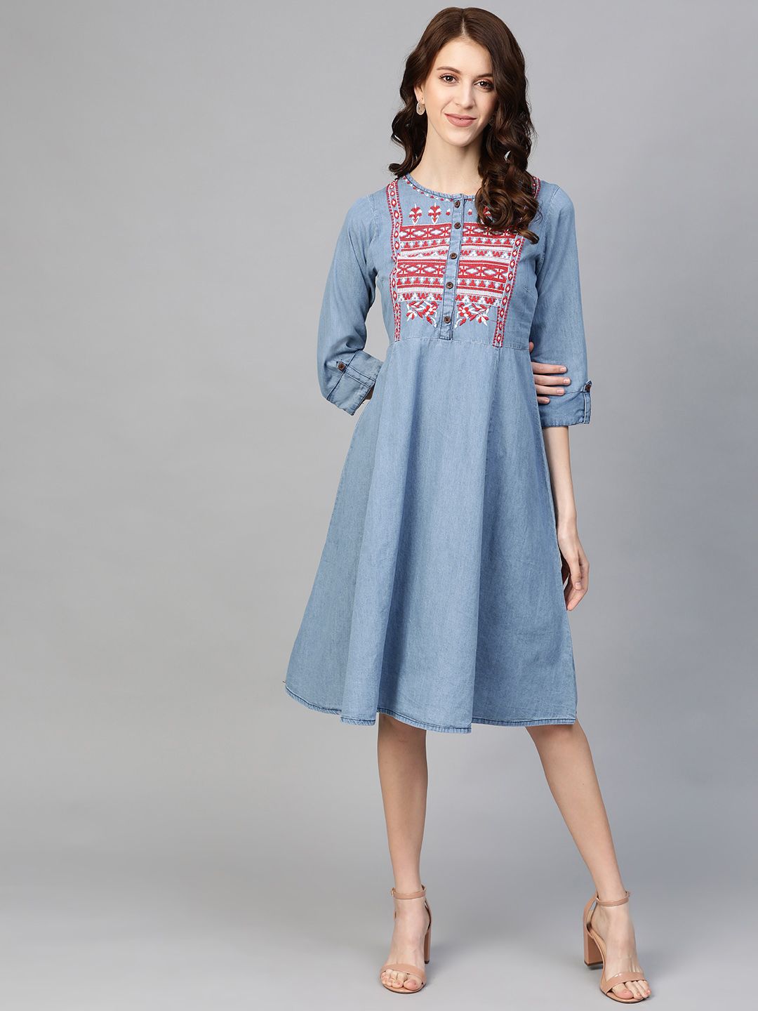 plusS Women Blue Chambray Yoke Design A-Line Dress Price in India