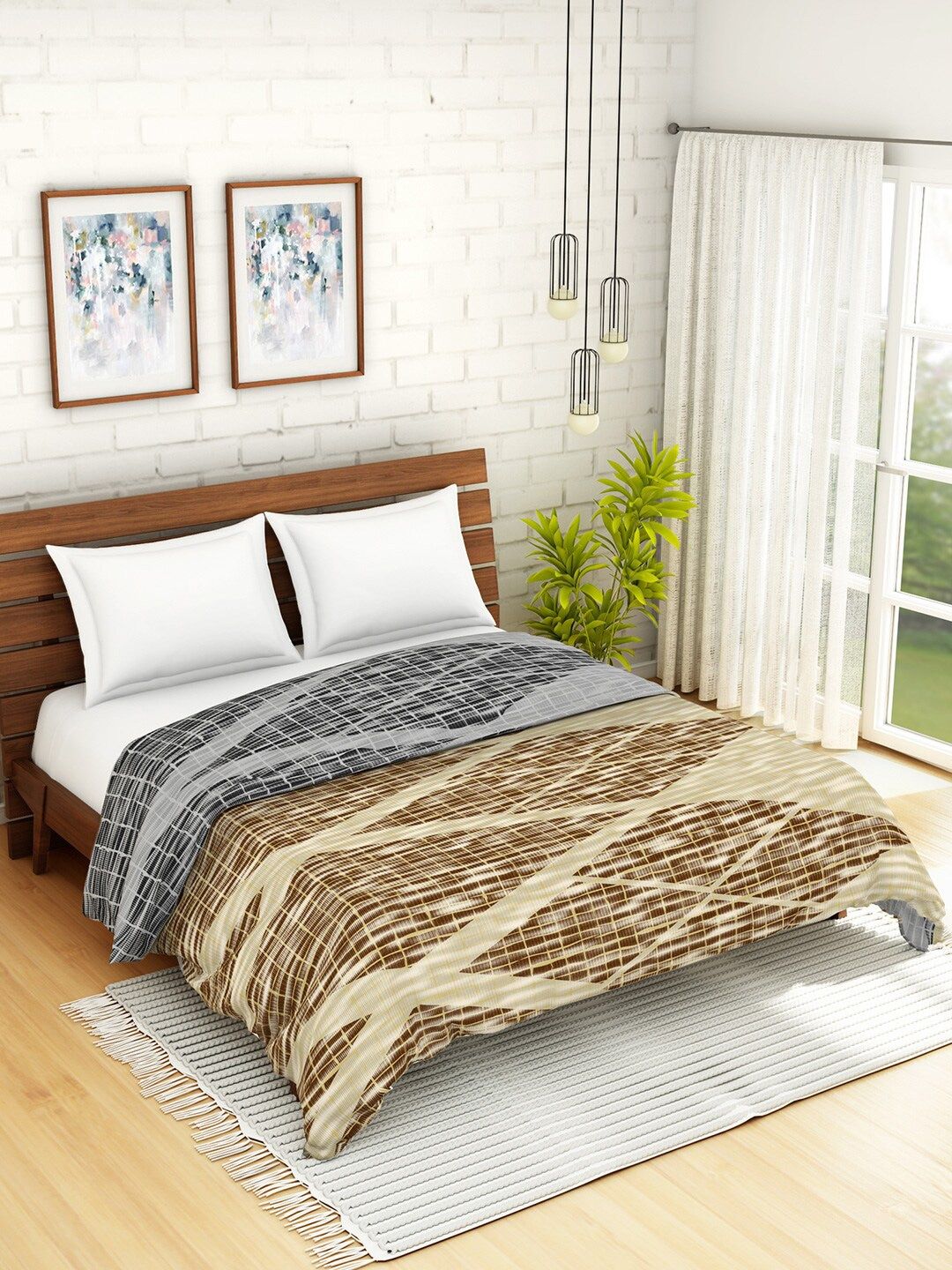 SPACES Brown & Grey Geometric AC Room 150 GSM Double Bed Quilt Price in India