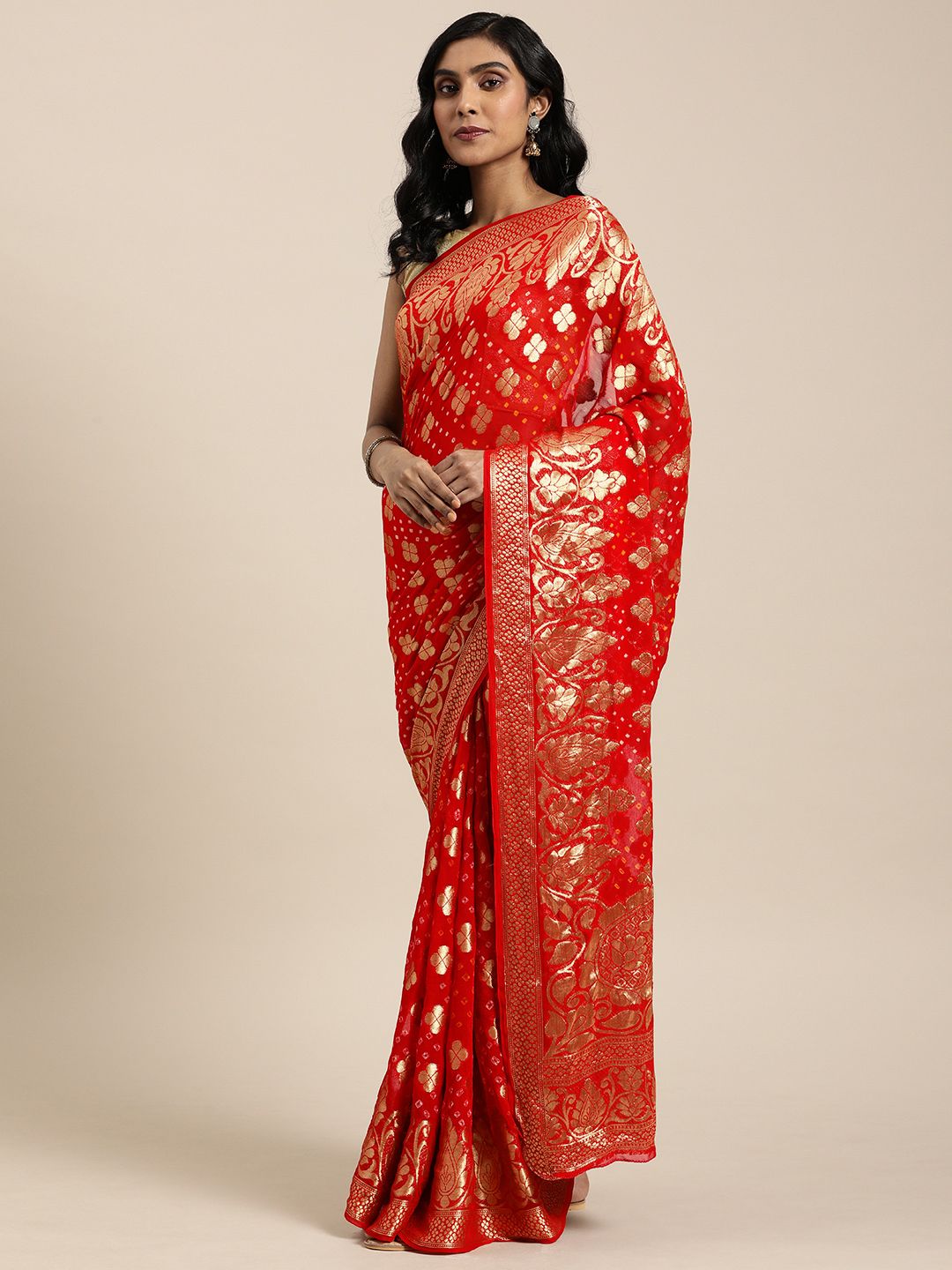 Geroo Jaipur Hand Dyed Red Bandhani & Zari Pure Georgette Sustainable Saree Price in India