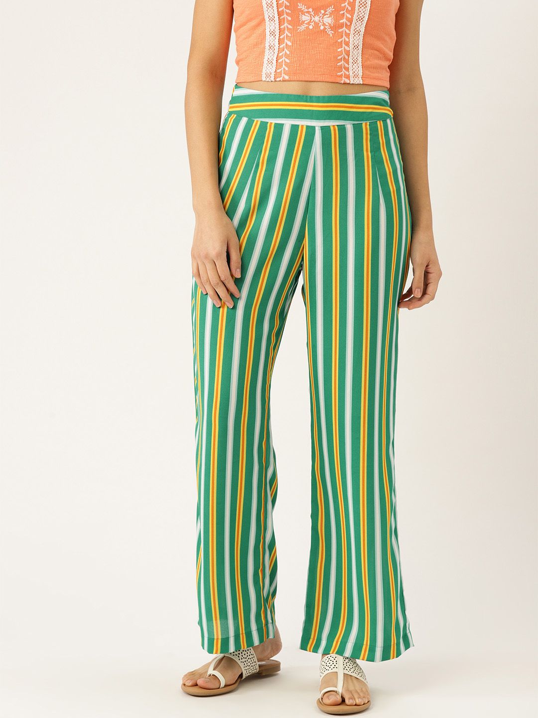 Aayna Women Green & Yellow Regular Fit Striped Parallel Trousers Price in India