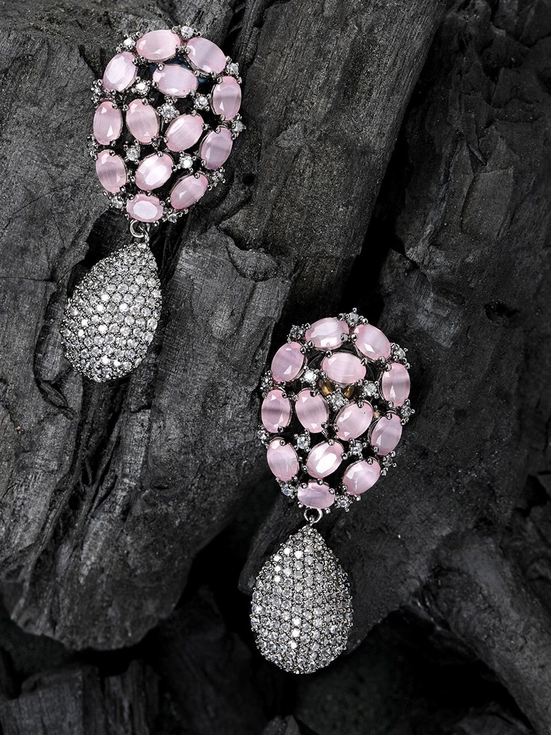 Priyaasi Pink & Gunmetal-Toned Silver-Plated Handcrafted Teardrop Shaped Drop Earrings Price in India