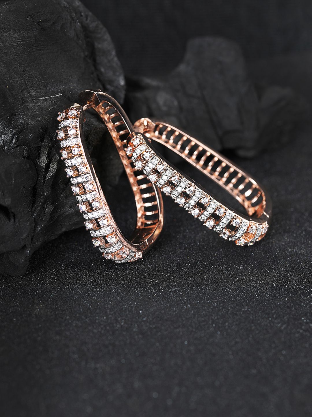 Priyaasi Rose Gold-Plated AD-Studded Handcrafted Oval Hoop Earrings Price in India