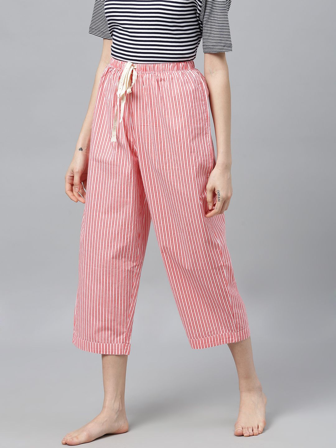 Chemistry Woman's Pink and White Striped Cropped Lounge Pants Price in India